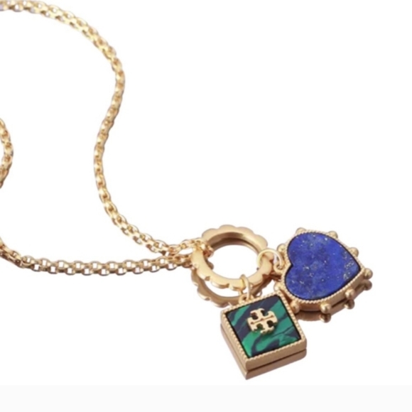 Tory Burch Vintage Gold Plated Mother Of Pearl Heart and Square Charm Ne… - Picture 3 of 12